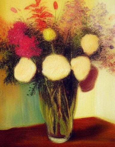 A painting of flowers in a vase on a table