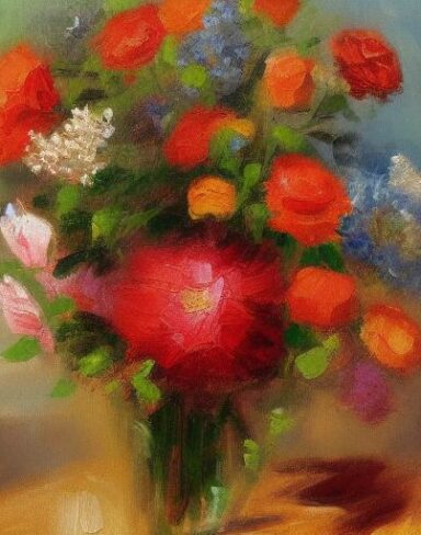 A painting of flowers in a vase on a table