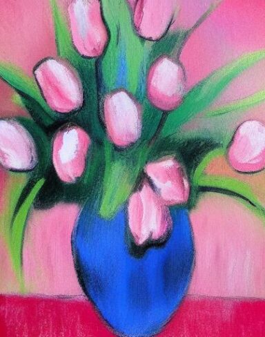 A painting of pink flowers in a vase