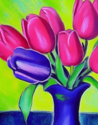 A painting of pink tulips in a vase
