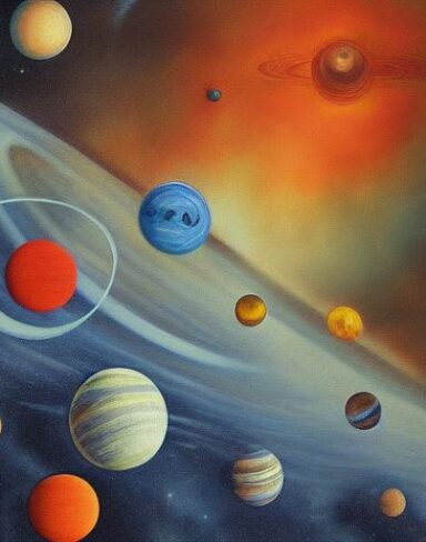 A painting of several planets in space