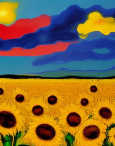 A painting of sunflowers in field