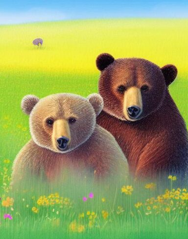 A painting of two bears in flowers field