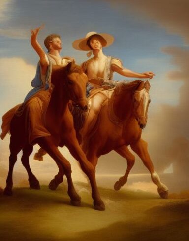 A painting of two man riding on two horse on the hill