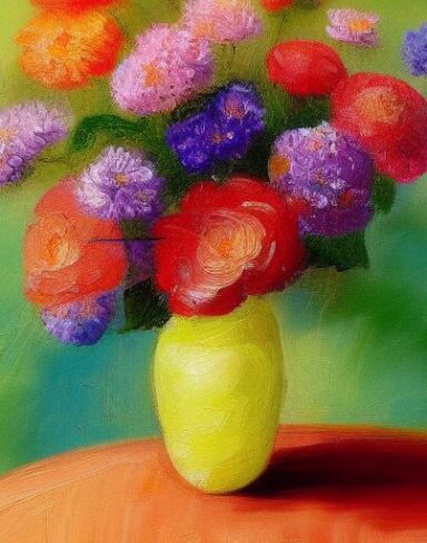 A painting of vibrant flowers in a vase on the table