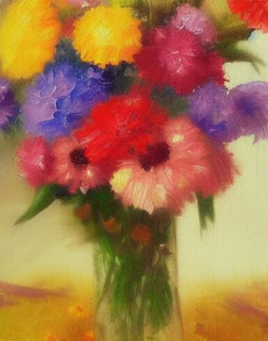 A painting of vibrant flowers in a vase on the table