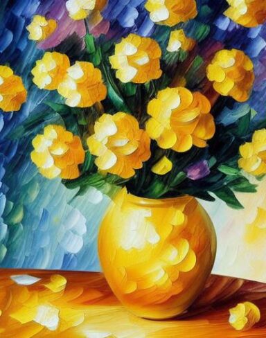 A painting of yellow flowers in a vase on a table