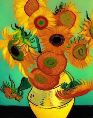 A painting of yellow sunflowers