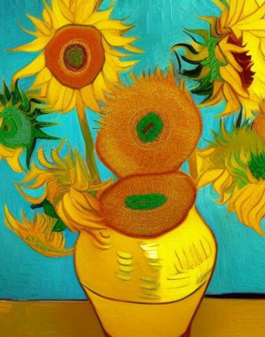 A painting of yellow sunflowers