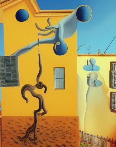 A painting on the side of a building in a bright sky