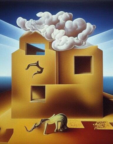 A painting on the side of a building in the sky