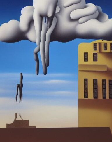 A painting on the side of a building with cloud and human hands