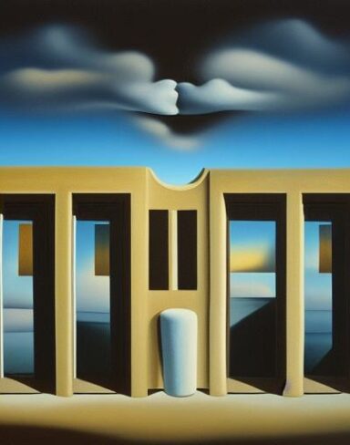 A painting on the side of a building with doors in the sky