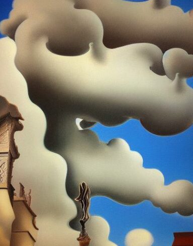 A painting on the side of a building with sculptures and sky