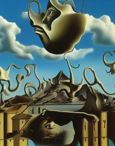 A painting on the side of a building with sculptures and sky