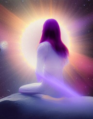 A panoramic shot painting of a woman sitting on a rock in space