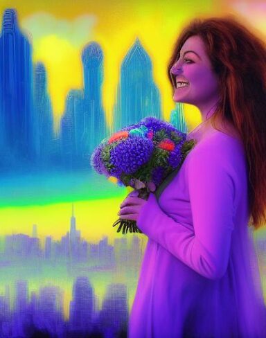 A psychedelic digital painting of a woman with an ultra-wide-angle view