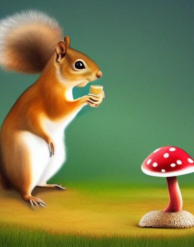 A squirrel standing near a mushroom
