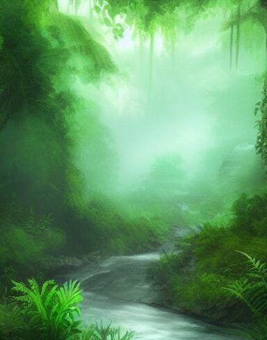 A stream with lush green forest