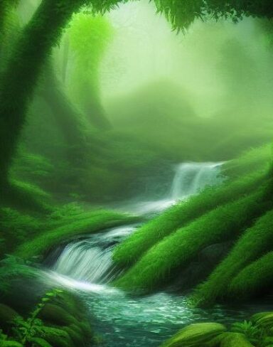 A water stream running through green forest