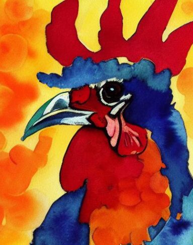 A watercolor painting of the rooster
