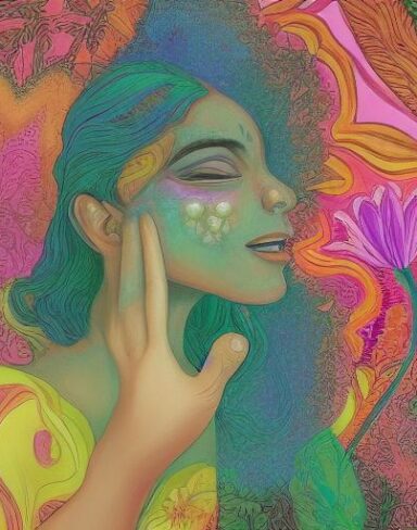 A woman with a laughing flower in her hand is depicted in a psychedelic art style. The painting has a highly detailed