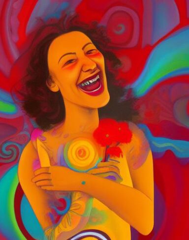 A woman with a laughing flower in her hand is depicted in a psychedelic art style. The painting has an ultra wide-angle perspective