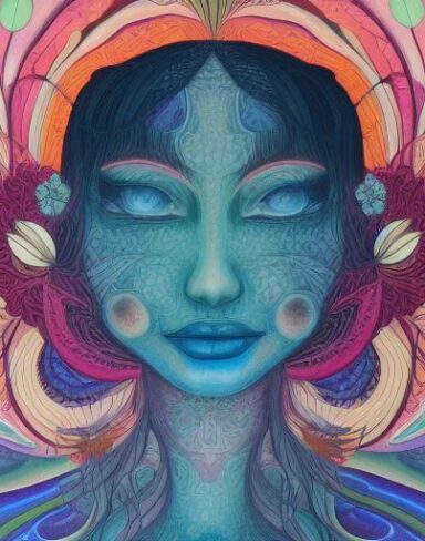 An overglaze-style psychedelic artwork inspired by Amanda Sage