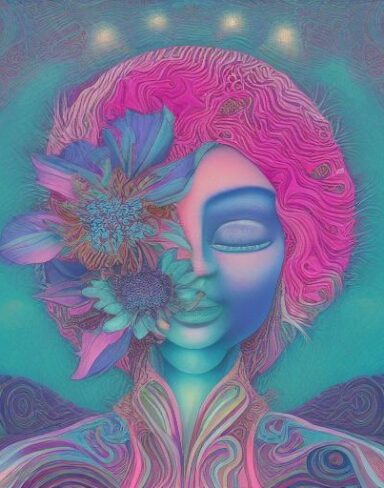 An overglaze-style psychedelic artwork inspired by Amanda Sage