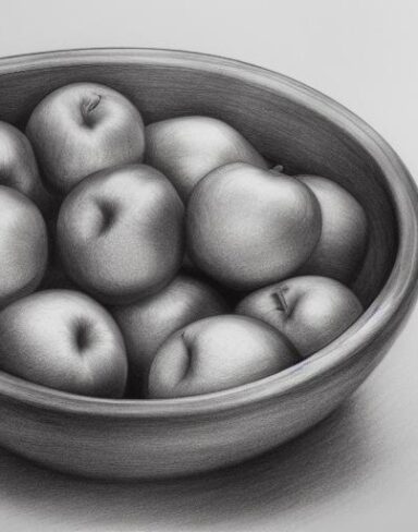 Black and white drawing of a bowl of fruits