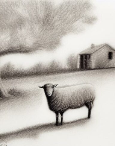 Black and white drawing of sheep and some trees with house
