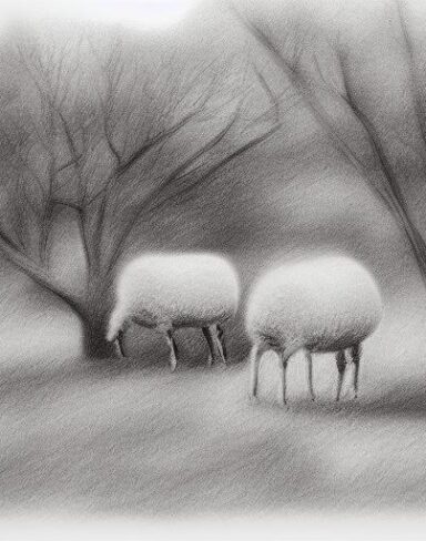 Black and white drawing of sheep and the trees