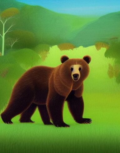 Brown bear in the lush green field