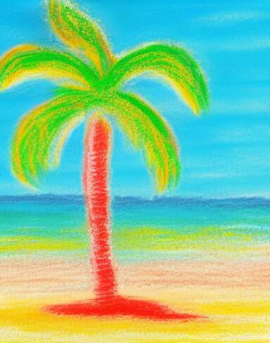Color painting of a palm tree on a beach