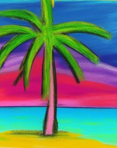 Color painting of palm tree on a beach