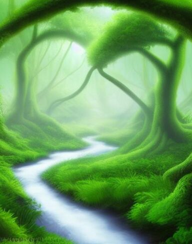 Curve stream running through a green forest