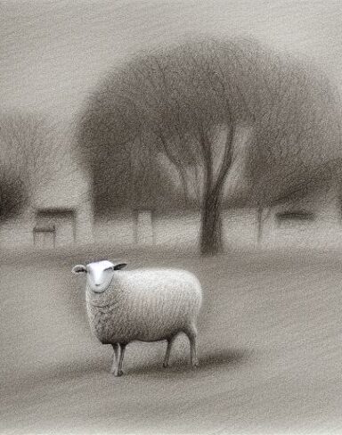 Drawing of sheep and few trees with a house behind