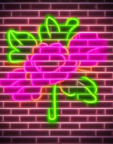 Flower neon sign on a brick wall