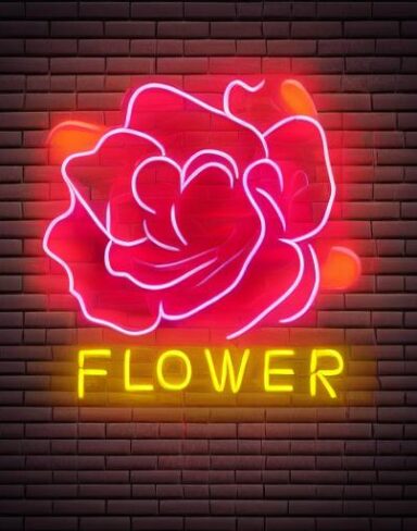 Flower neon sign on a brick wall