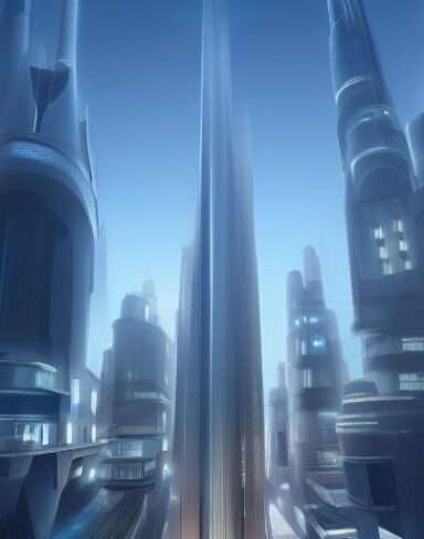 Futuristic city filled with tall buildings and citizens
