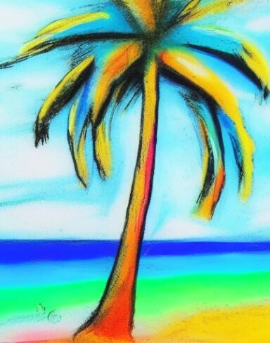 Hand-drawn painting of a palm tree at the beach