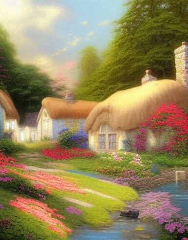 Painting of a cottage by a river with flowers