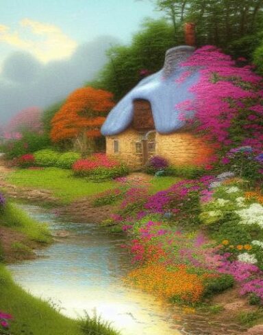 Painting of a cottage near a river with many flowers