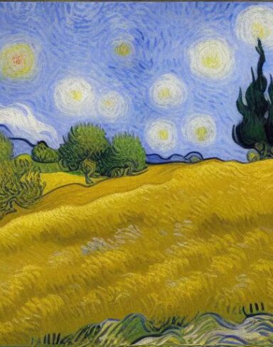 Painting of a wheatfield with cypress trees