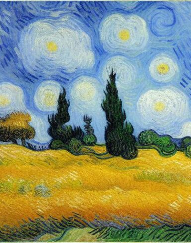 Painting of a wheatfield with cypress trees