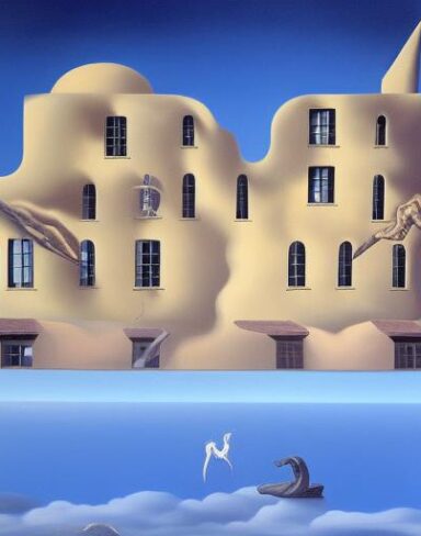 Painting on the side of a building in the sky