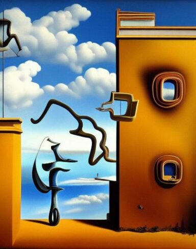 Painting on the side of a building with sculptures and sky