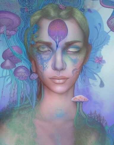 Psychedelic painting of a woman with a flower tattoo on her back
