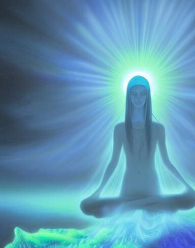 Psychedelic painting of an elven spirit meditating in space