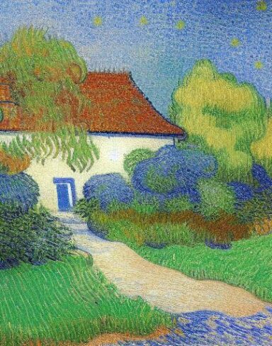 The art painting of a house in garden